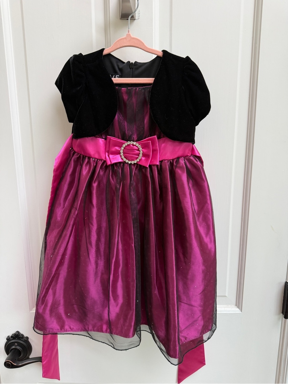 Love Girls 4 Fuchsia Pink Short Sleeve Satin Party Dress Black Velvet Bolero